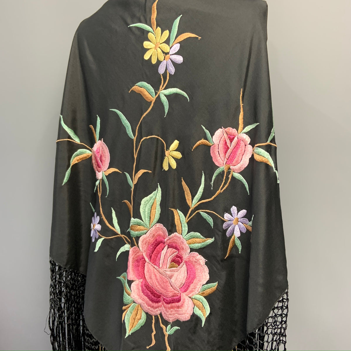 Vintage 1920's Silk Floral Embroidered Piano Shawl at 1stDibs