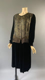 1920s vintage black velvet and gold lamé asymmetric evening dress