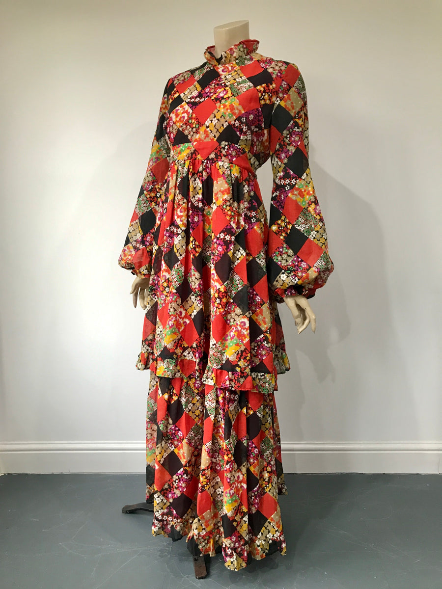 1970s vintage Angela Gore tiered maxi dress with balloon sleeves – After  Number Nine