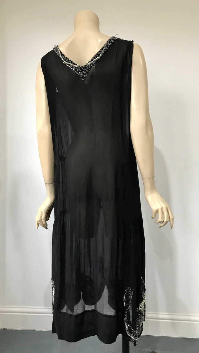 Original 1920s black chiffon and silver beaded flapper dress