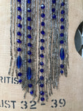 long glass beaded 1920s dress decoration or trim  - tassels, lamé, and blue paste