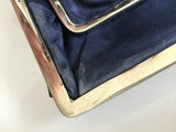 navy blue fine leather art deco clutch purse with carry handle - chrome and black plastic