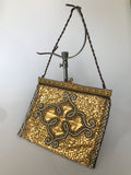 Vintage to antique metallic gold lamé leather heavily beaded evening bag