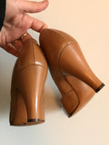 late 1940s to 1950s tan leather babydoll peeptoe Selby Shoe high heels