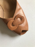late 1940s to 1950s tan leather babydoll peeptoe Selby Shoe high heels