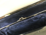 navy blue fine leather art deco clutch purse with carry handle - chrome and black plastic