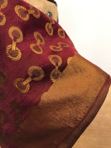 Art Deco Burgundy and gold silk jacquard woven vintage square scarf - horsebit status design - equestrian