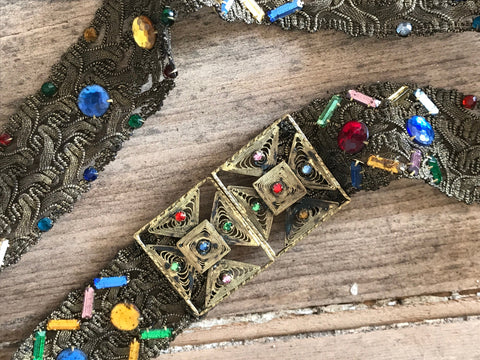 Antique to vintage 1900s vintage Czech gold lamé belt and bejewelled buckle with foiled rhinestones
