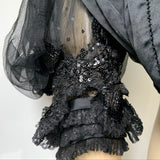 C.1890s to 1900 Victorian elaborately beaded and sequinned pigeon fronted mourning bodice