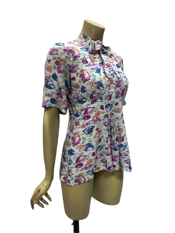 1940s Vintage make do and mend painterly print floral peplum top or blouse