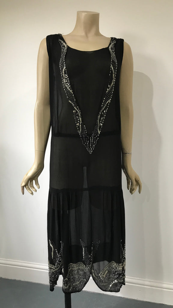 Original 1920s black chiffon and silver beaded flapper dress After Number Nine Original 1920s black chiffon and silver beaded flapper dress After Number Nine