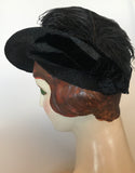 Vintage 1930s black tilt feather hat with velvet trim