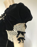 1930s black velvet party dress ‘Original Junior by Dorsa’ with puffed sleeves and eyelet lace trim - Fashion Originators Guild Of America