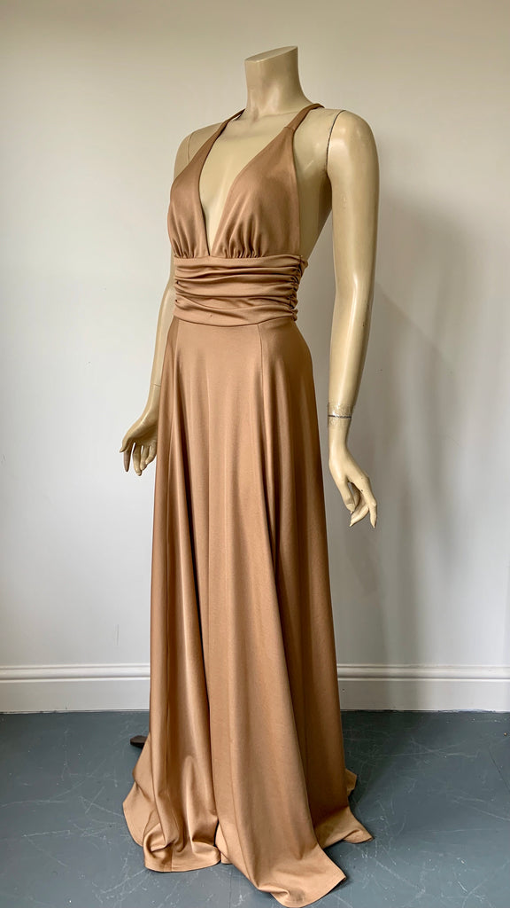 1970s vintage bernshaw plunge front maxi dress in caramel After Number Nine 1970s vintage bernshaw plunge front maxi dress in caramel After Number Nine