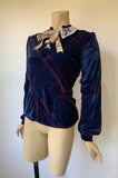vintage 1930s blue velvet blouse with shadow print  - fancy beaded collar and lacing