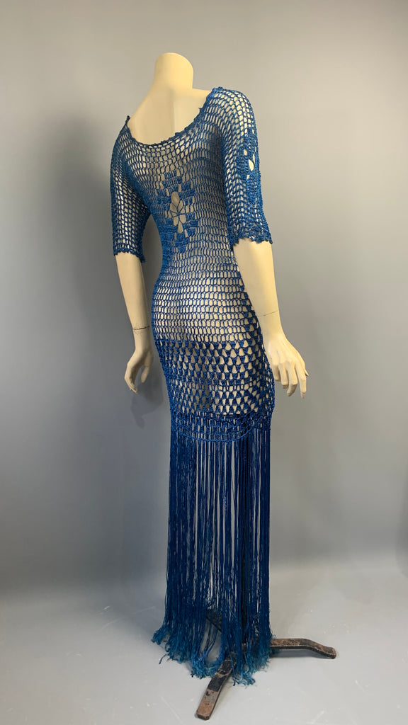 Vintage 1920s hand crocheted royal blue fringed Art Deco evening dress After Number Nine Vintage 1920s hand crocheted royal blue fringed Art Deco evening dress After Number Nine