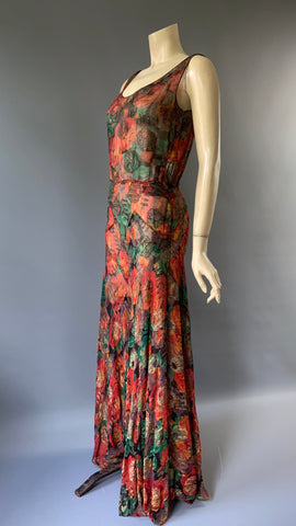 late 1920s to 1930s floral chiffon lamé original evening or 'night' pyjamas - all in one art deco palazzo jumpsuit