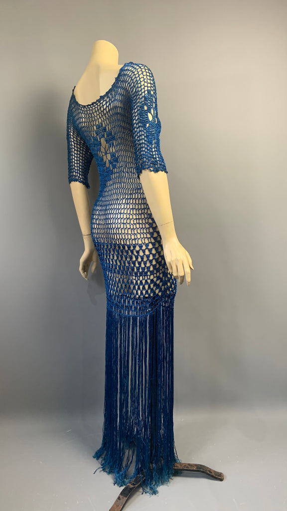 Vintage 1920s hand crocheted royal blue fringed Art Deco evening dress After Number Nine Vintage 1920s hand crocheted royal blue fringed Art Deco evening dress After Number Nine