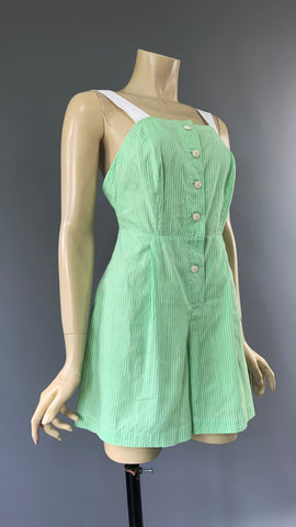 vintage candy stripe fine cotton playsuit in apple green and white c. 1940s