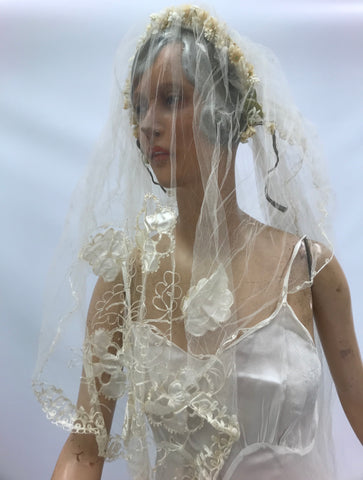 Original antique veil with attached wax flower honeysuckle blossom tiara