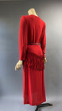 1940s asymmetric vintage red crepe dress with fringe and sequins - early plastic zipper