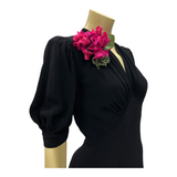 Late 1930s black bias cut crepe evening or dinner dress with cerise cyclamen corsage