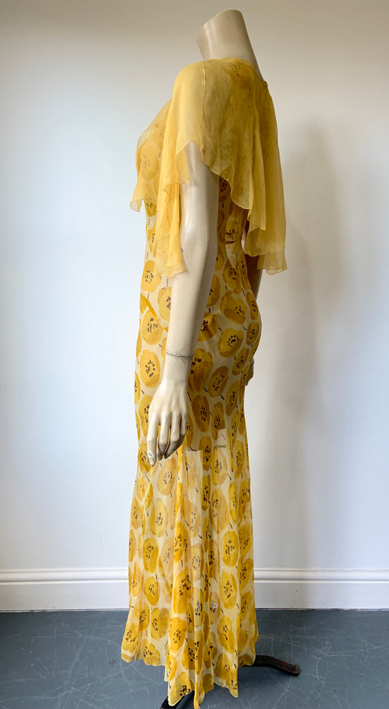 Late 1920s / 1930s cheery yellow silk chiffon tea dress and capelet – After Number Nine