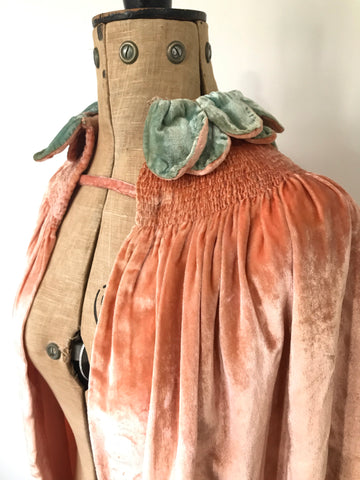 Late 1920s to 1930s pale pink velvet cape with petal collar and ruching