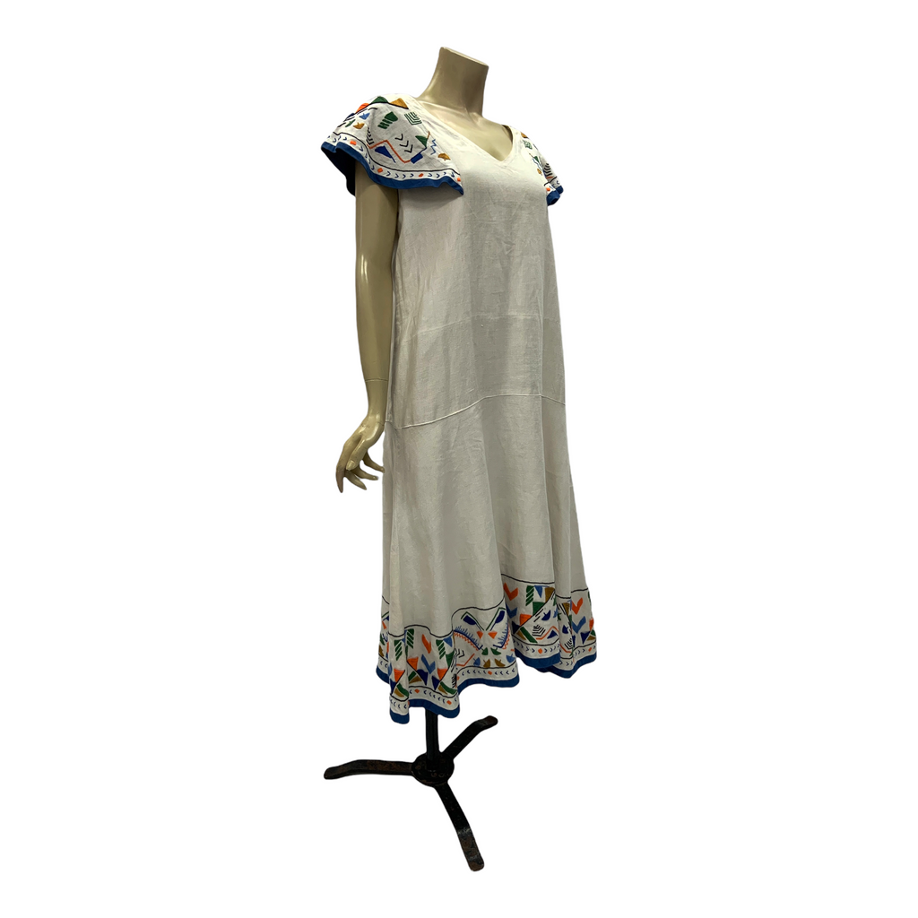 Later 1920s to 1930 drop waisted ecru linen vintage day dress with Egy After Number Nine Later 1920s to 1930 drop waisted ecru linen vintage day dress with Egy After Number Nine