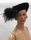 Antique teens dark brown black velvet tam style hat with maribou