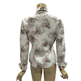 Vintage 1970s novelty edwardian gibson girl and bird hat print shirt blouse or top by Lisa-Jane