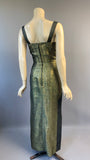 custom made rue la Boétie ‘Noël’ Paris 1950s golden green lamé bombshell evening dress or gown