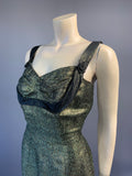 custom made rue la Boétie ‘Noël’ Paris 1950s golden green lamé bombshell evening dress or gown