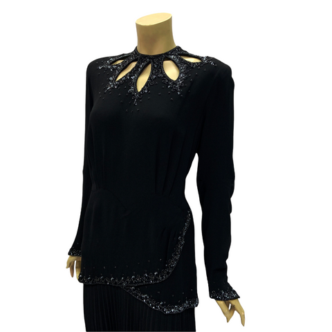 Vintage black crepe 1940s beaded and sequinned evening dress by Chanelle of Bournemouth
