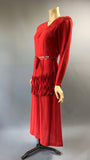 1940s asymmetric vintage red crepe dress with fringe and sequins - early plastic zipper