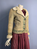 1970s vintage sheepskin folk style shearling fitted jacket with forest green border print