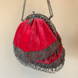 Antique 1900s does Georgian cut steel beaded pink velvet evening purse - Made in France