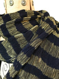 vintage of uncertain age! fine navy wool crepe and gold lamé striped fortuny style scarf