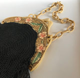 Beautiful c.1920s decorative colourful floral celluloid frame purse with knitted and tasseled bag