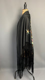 Antique to vintage 1920s floral embroidered black silk piano shawl with deep fringe