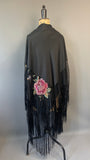 Antique to vintage 1920s floral embroidered black silk piano shawl with deep fringe