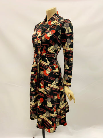 Vintage 1970s novelty deco french flapper advertising print coat dress