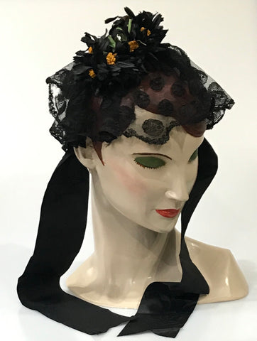 antique 19c Victorian mourning cap with floral decoration