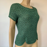 c.1960s soft jade green ribbon work knitted vintage blouse with capped sleeves