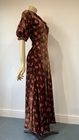 1930s vintage art deco printed bias cut velvet day to evening dress with lantern sleeves