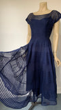 vintage sapphire blue 1950s full skirted dress - geometric corded net overlay