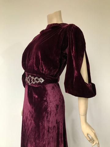 vintage 1930s rich velvet bias cut evening dress with split sleeves and rhinestones