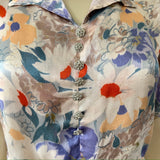 vintage 1930s satin cropped blouse with puffed sleeves and over stitching