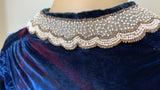 vintage 1930s blue velvet blouse with shadow print  - fancy beaded collar and lacing