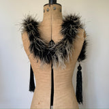 Edwardian to 1920s antique black and white feather boa with tassels